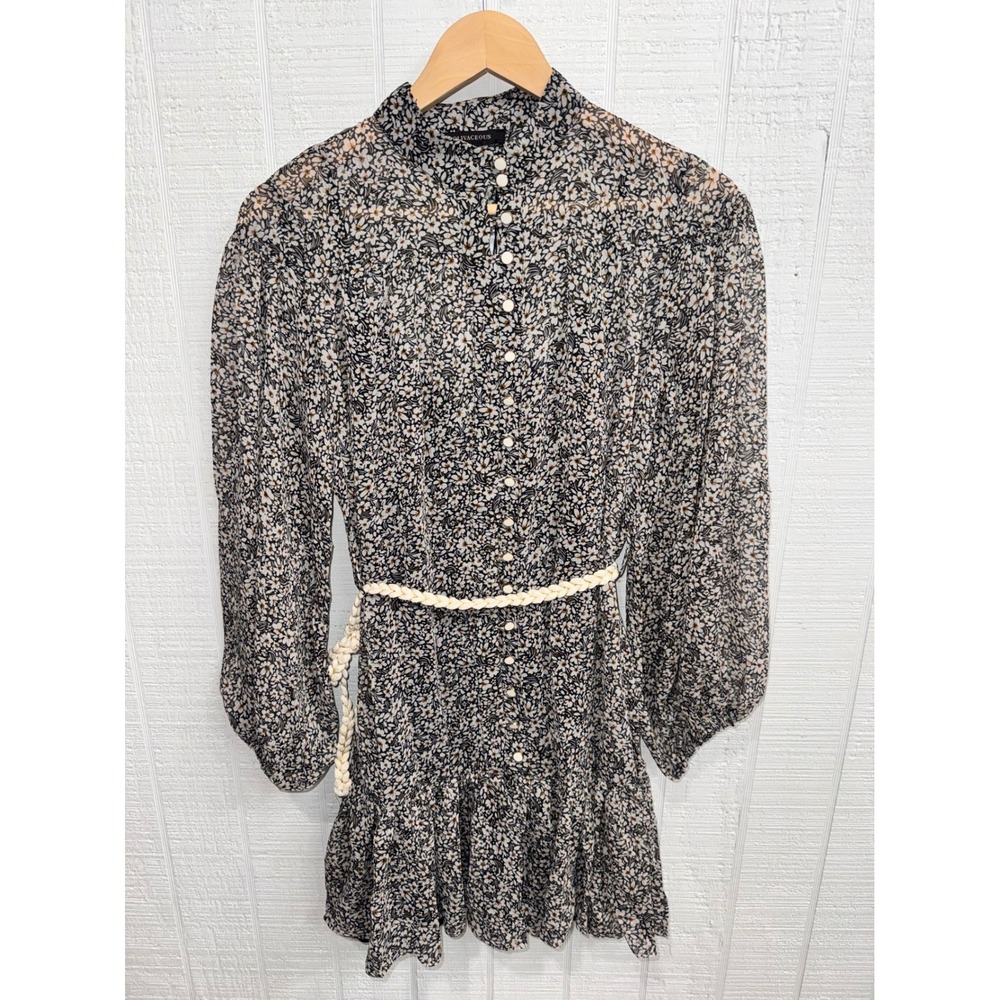 Olivaceous Floral Mini Dress Womens Black White Ruffle Belted Small NEW